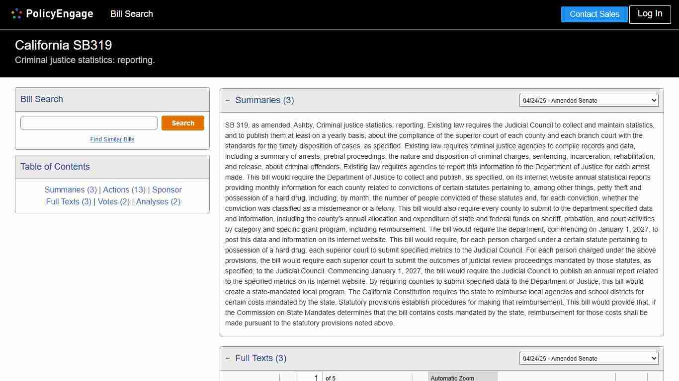 SB319 California 2025-2026 Criminal justice statistics: reporting. - Legislative Tracking PolicyEngage